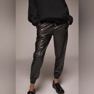 Zara Brown Faux Leather Jogger Pants | Viscose Blend High-Rise Elastic Waist